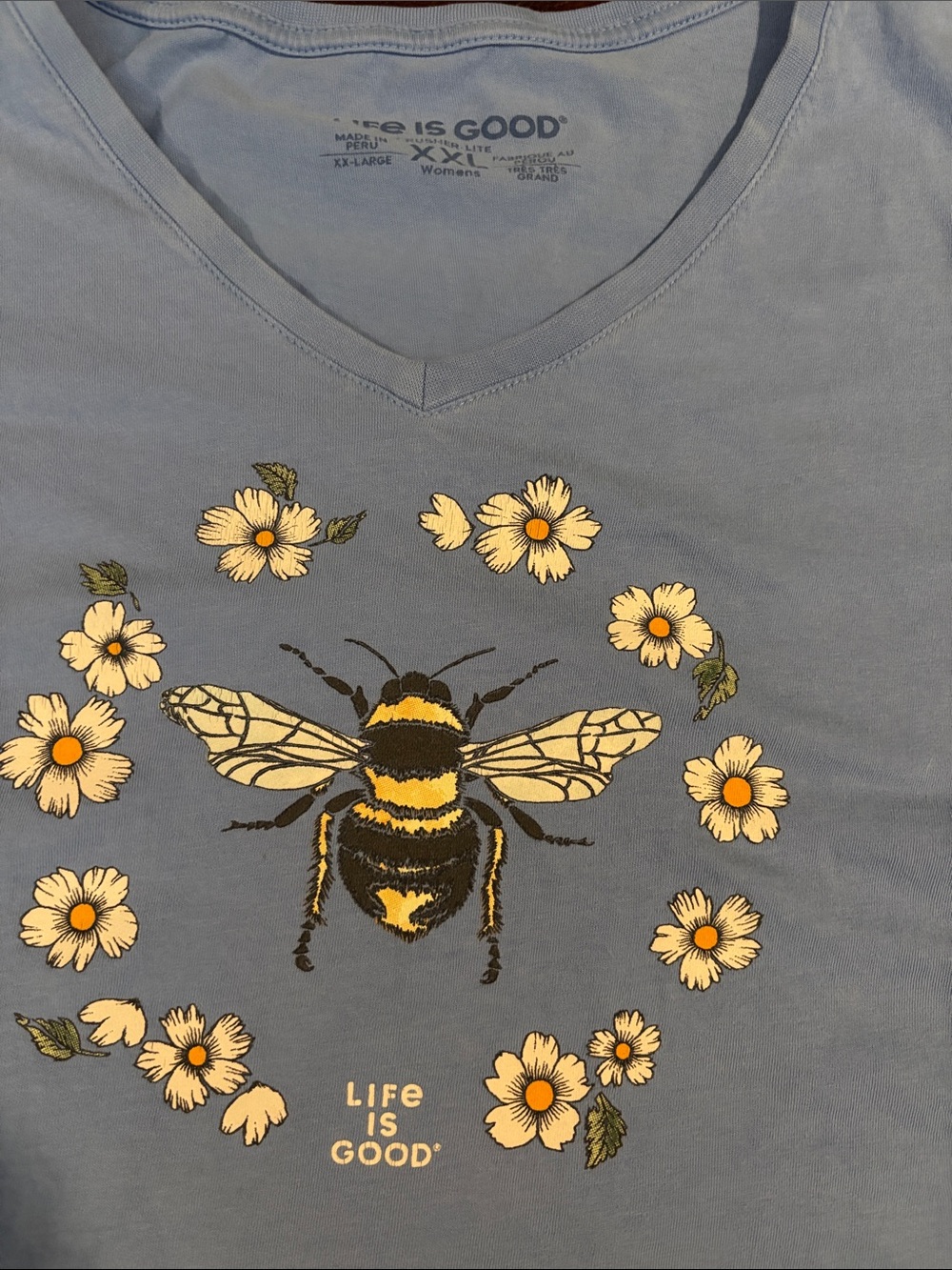 Life Is Good Blue V-Neck Bee & Daisy Graphic Tee